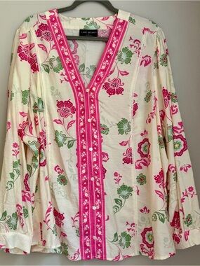 Lane Bryant Cream Blouse with Pink Embroidered V-Trim and Green Floral Print